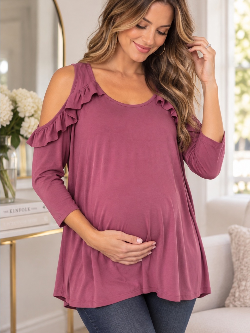 Jessica Simpson Maternity Dusty Rose Cold-Shoulder Ruffle Tunic L/G